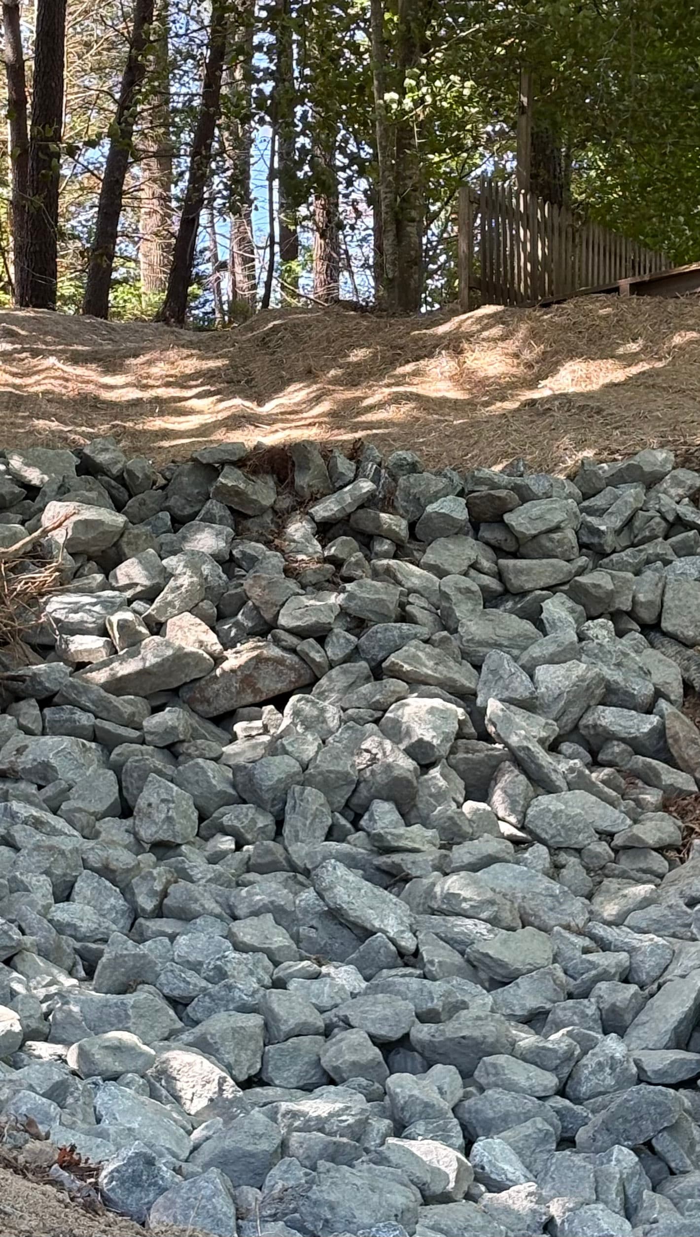 Rocky slope leading to a wooded area with trees and a pathway at the top.