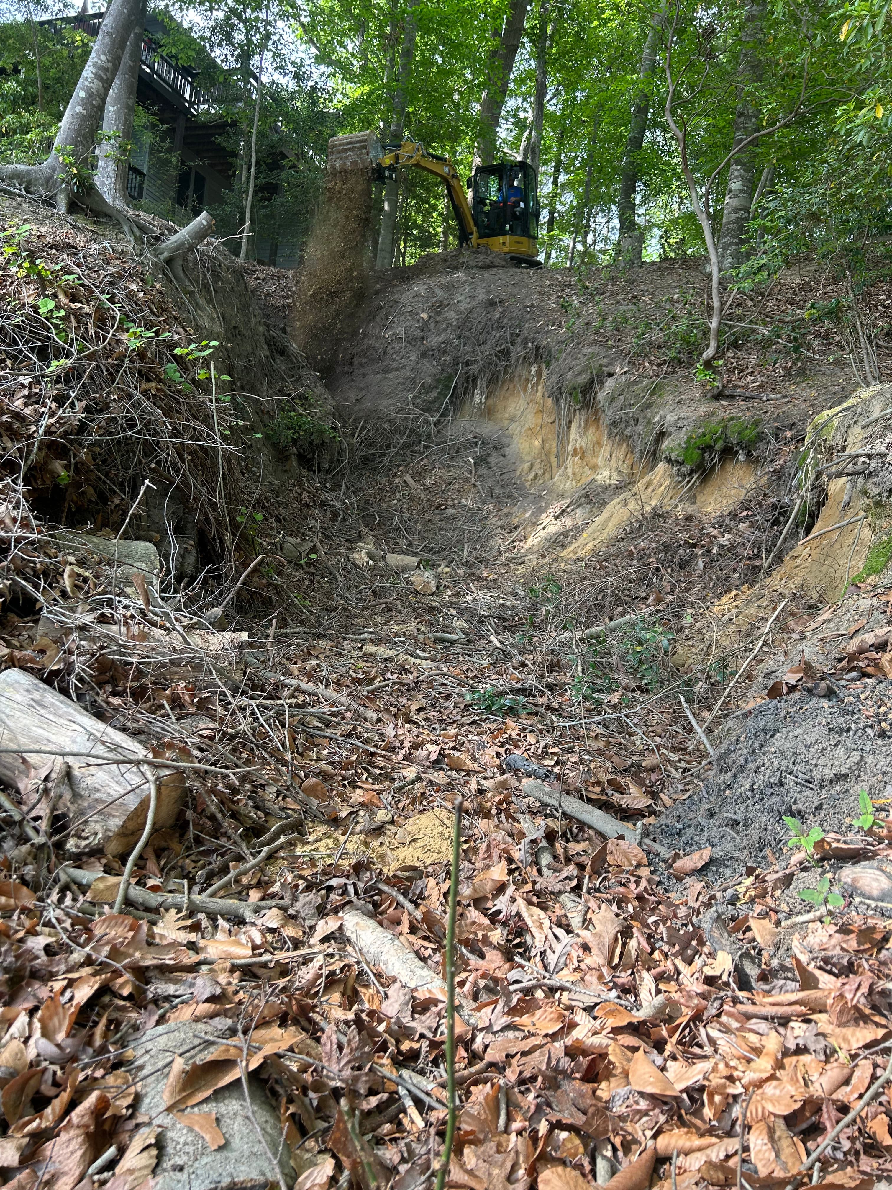 Excavator working on hillside erosion repair amidst fallen leaves and tree roots.